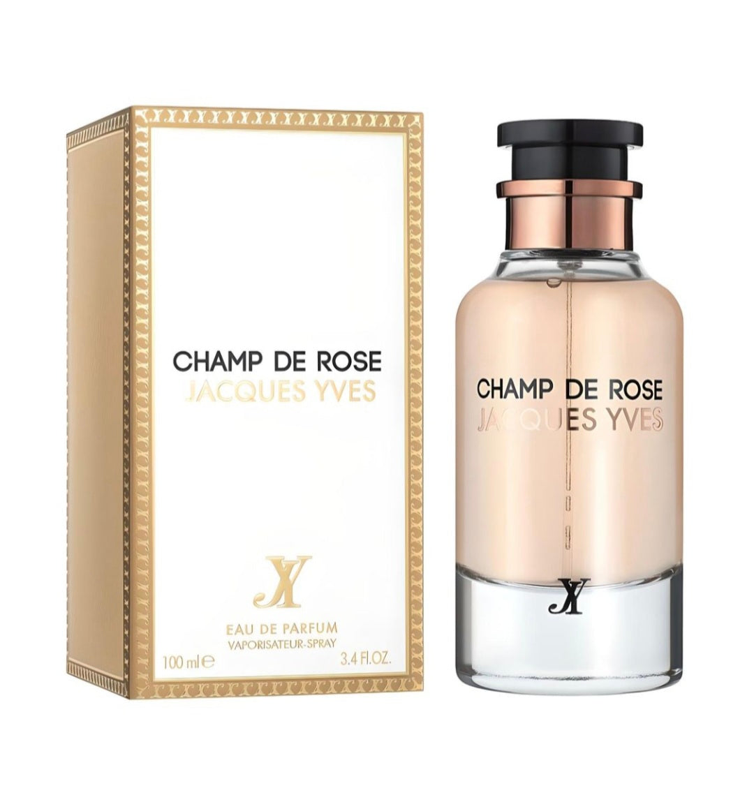 Jacques Yves Champ de Rose perfume bottle and packaging on a white background