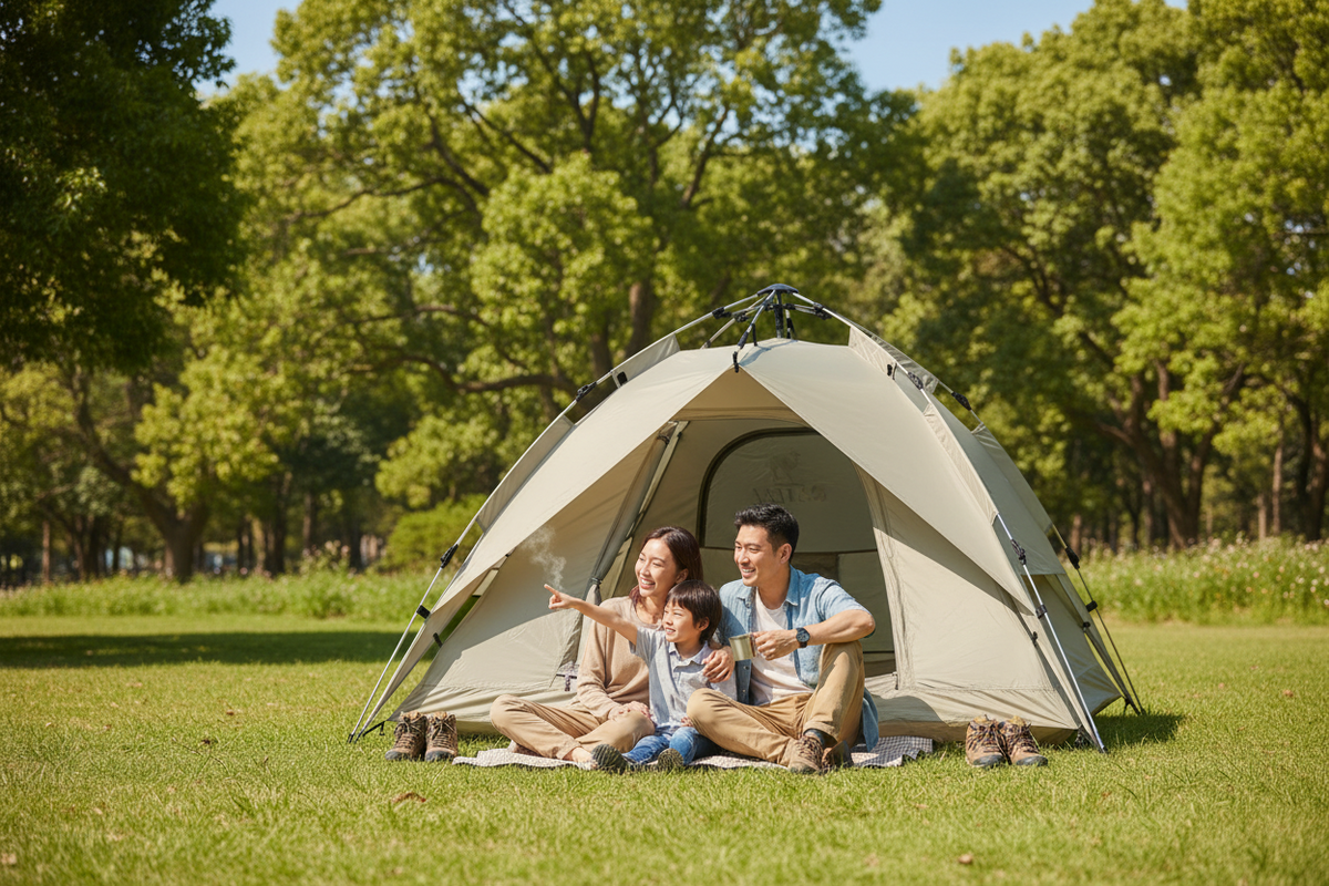 A family of three sits inside a beige camping tent pitched on a grassy park lawn with trees in the background.