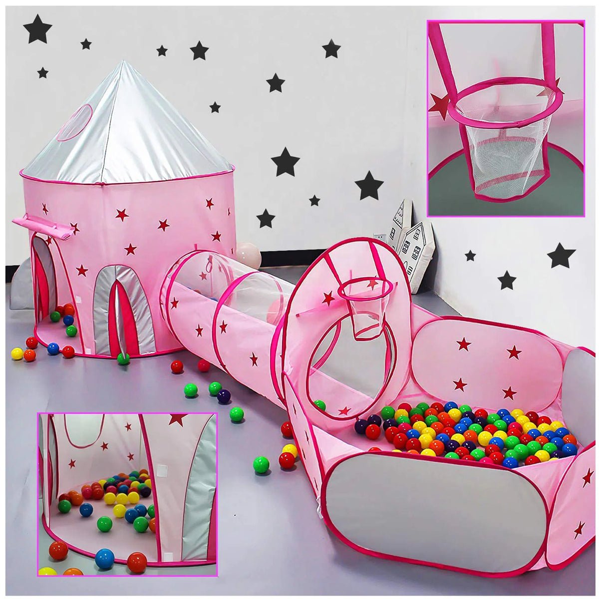 Pink play tent with basketball hoop and ball pit on a white background