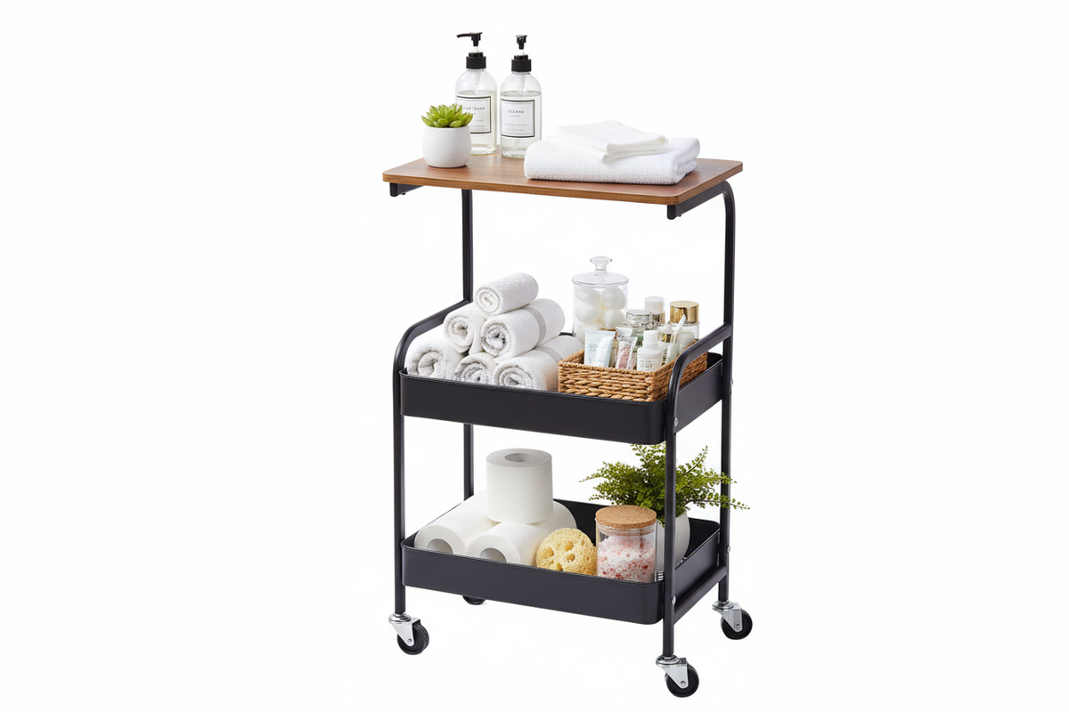 Bathroom trolley with towels, toiletries, and a plant on a white background