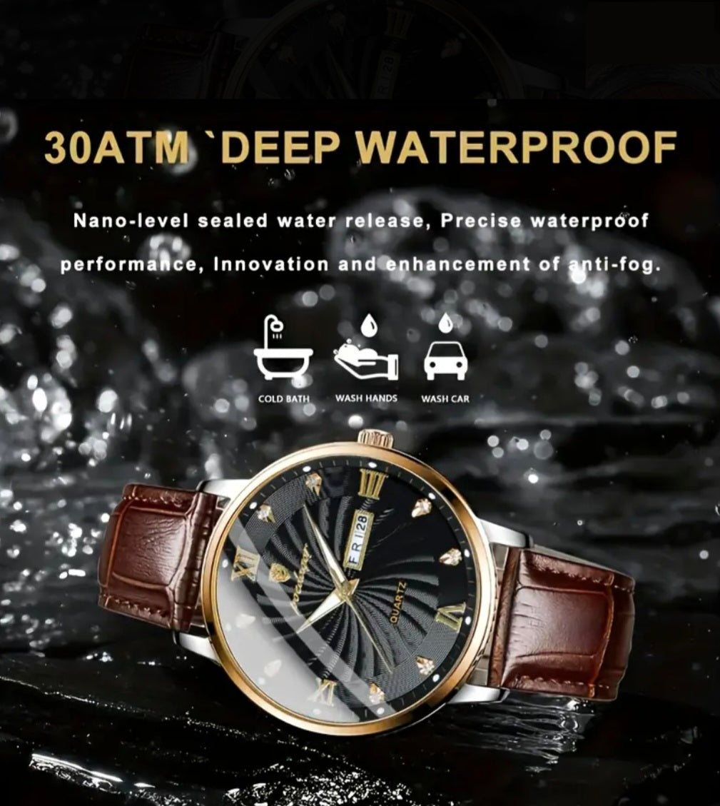 Watch with brown leather strap and black face, featuring waterproof text and icons on a dark background.