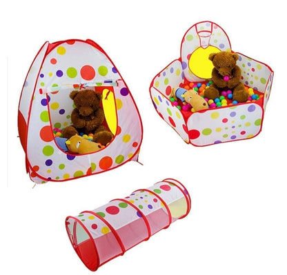 Colorful polka dot playpen with teddy bears and toys on a white background