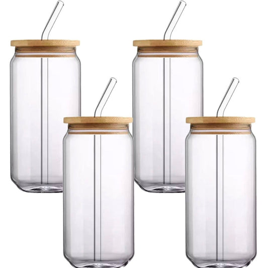 Four clear glass can-shaped tumblers with bamboo lids and clear glass straws, arranged on a plain white background.