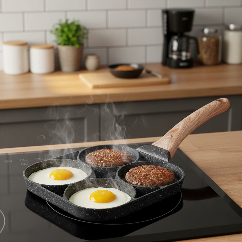 A four-compartment black speckled frying pan with a light wood handle sits on a black induction cooktop, cooking two eggs and two burger patties with visible steam rising. The background shows a blurred modern kitchen setting with a white subway tile wall, wooden countertop, and kitchen appliances.