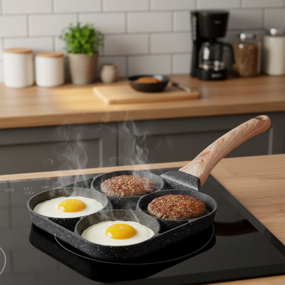 A four-compartment black speckled frying pan with a light wood handle sits on a black induction cooktop, cooking two eggs and two burger patties with visible steam rising. The background shows a blurred modern kitchen setting with a white subway tile wall, wooden countertop, and kitchen appliances.