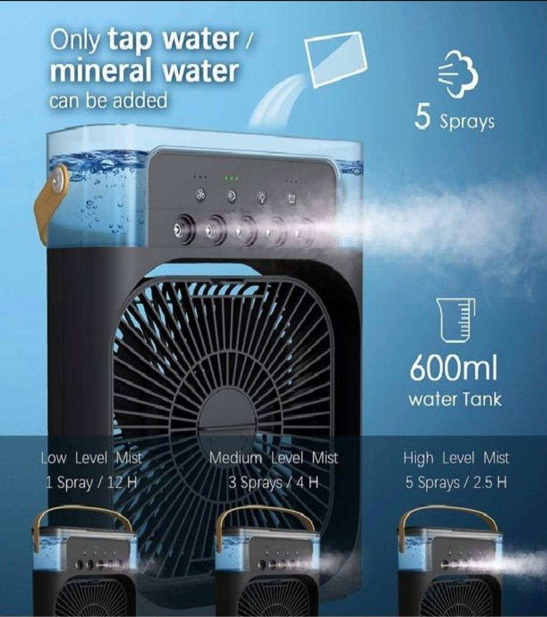Air cooler with water tank and mist sprays on a blue background