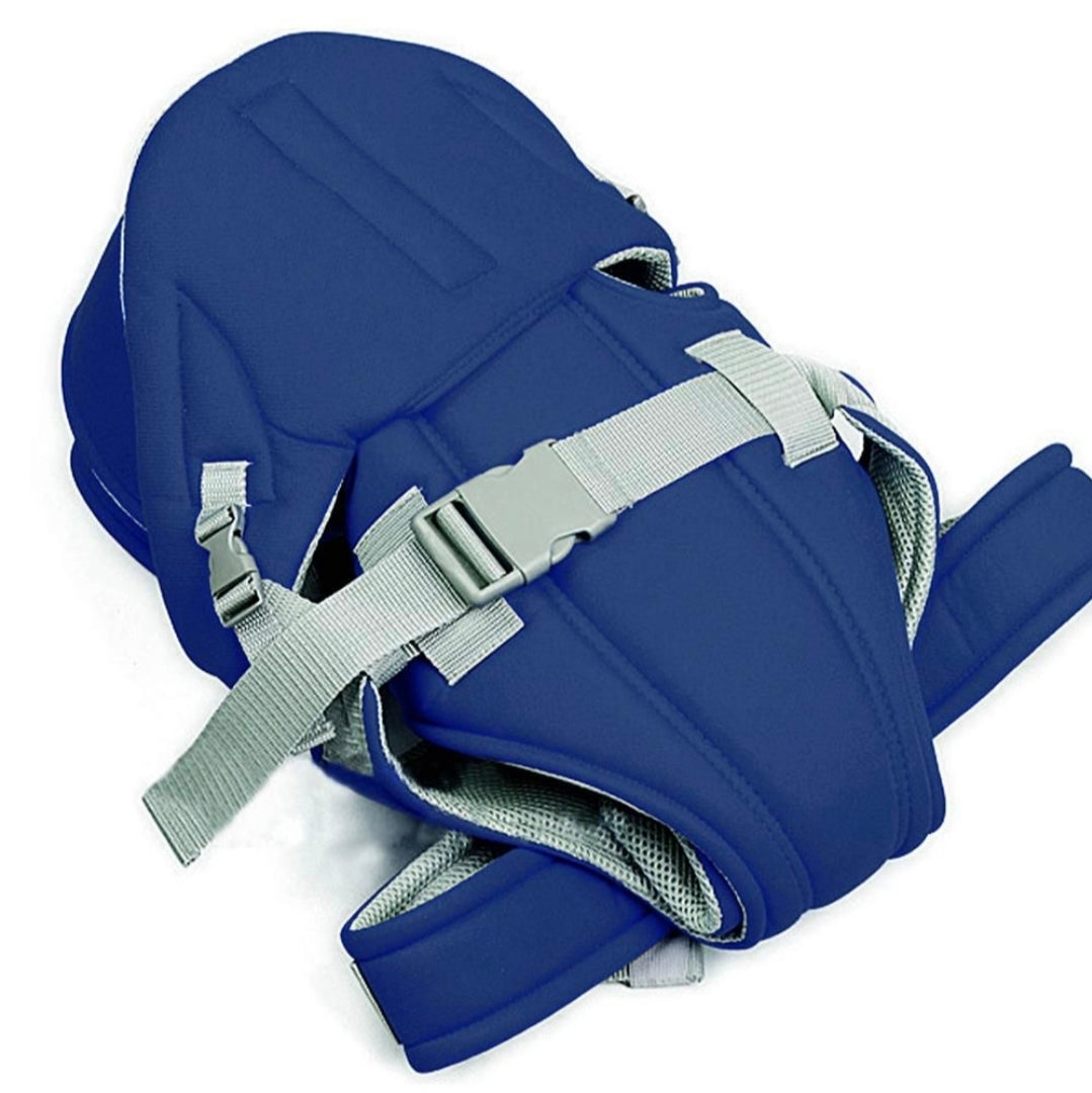 Blue baby carrier with gray straps on a white background