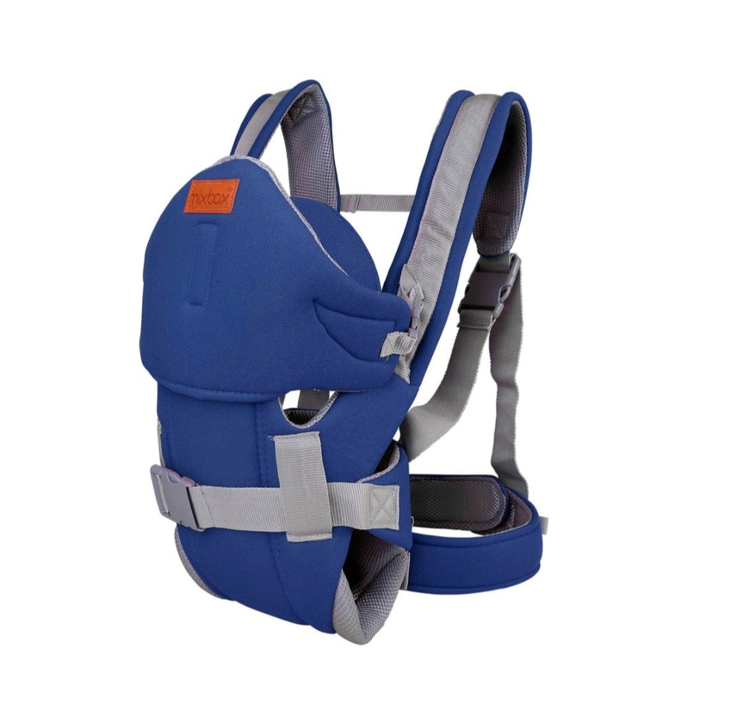 Blue baby carrier with gray straps on a white background