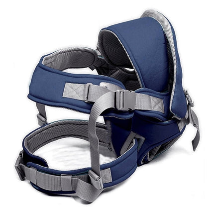 Blue and gray child safety seat harness on a white background