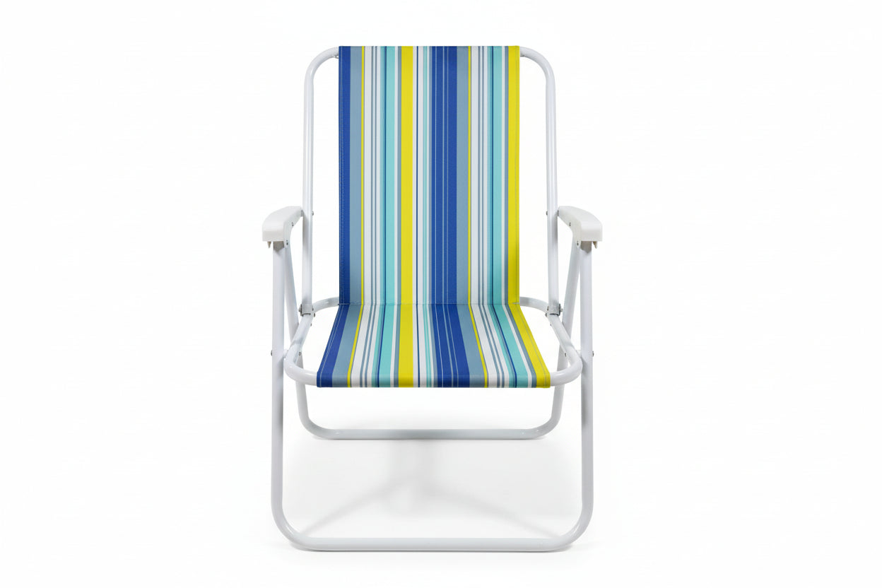 Colorful striped folding chair with metal frame on a plain background