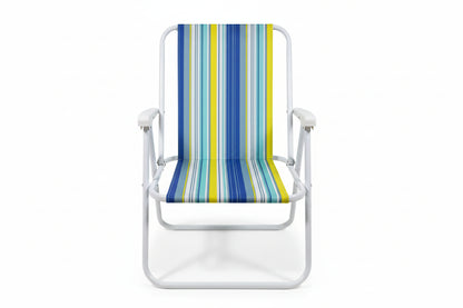 Colorful striped folding chair with metal frame on a plain background