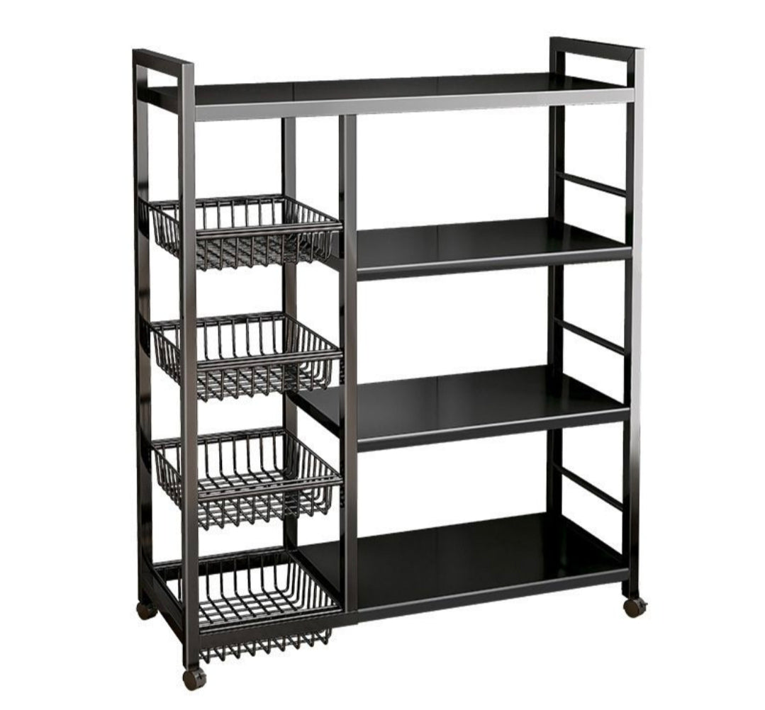 A black rolling utility shelf with four flat shelves, three wire basket bins on the left, and two wire side handles on the top and bottom of the frame.