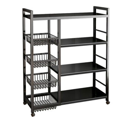 A black rolling utility shelf with four flat shelves, three wire basket bins on the left, and two wire side handles on the top and bottom of the frame.