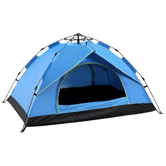 Blue camping tent with black trim on a white background
