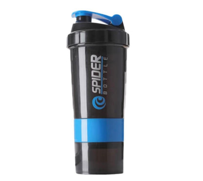 Black and blue shaker bottle with 'Spider Bottle' branding on a white background