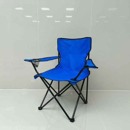 Blue folding chair on a white floor with a light gray wall background
