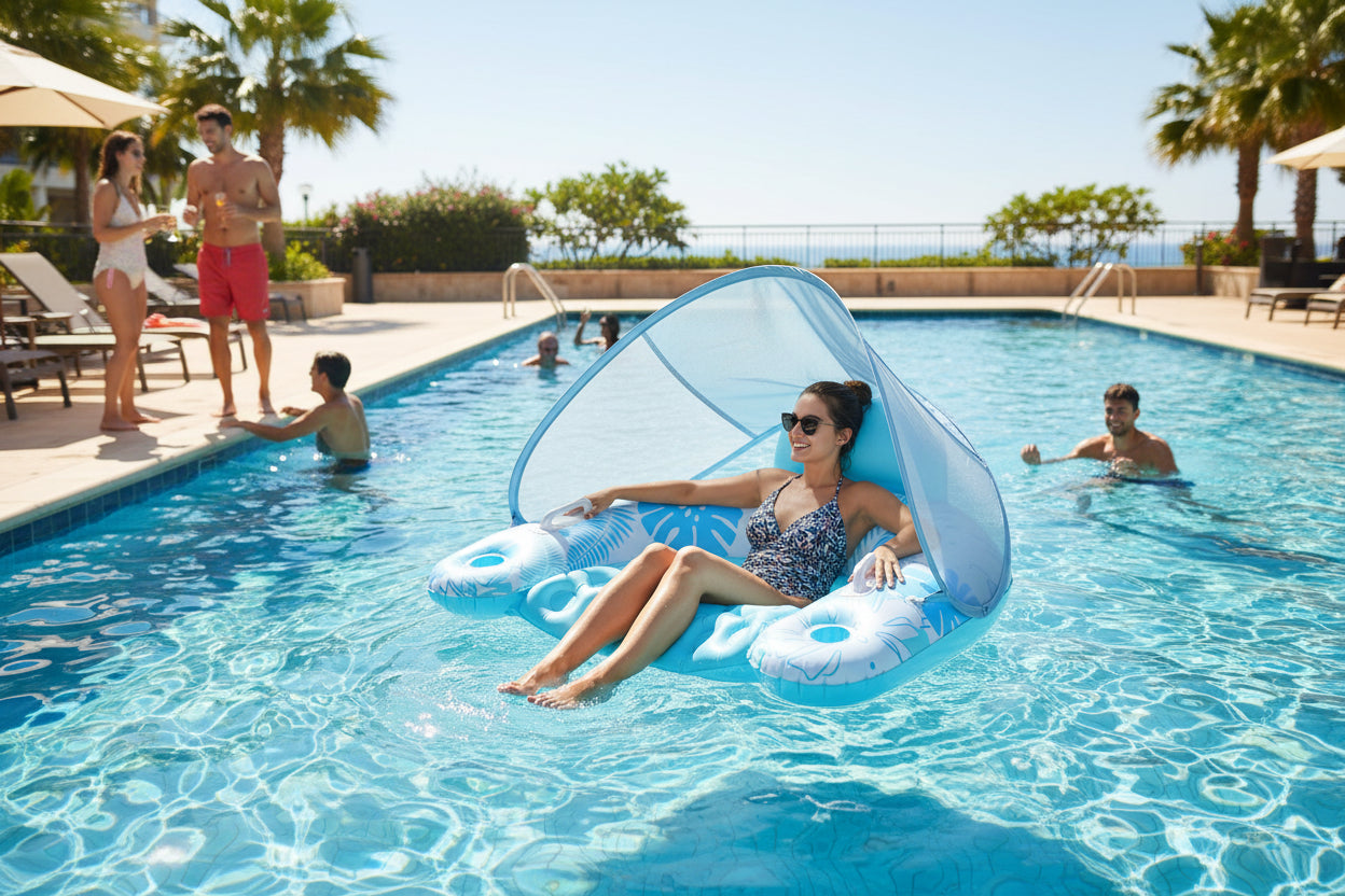 Inflatable pool toy with canopy and ball pit on a white background