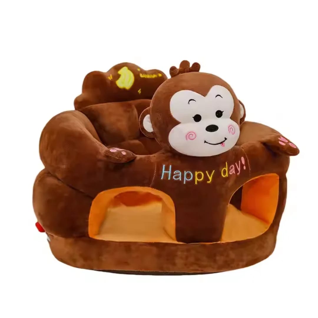 Children's monkey-shaped seat with 'Happy day!' text on a white background