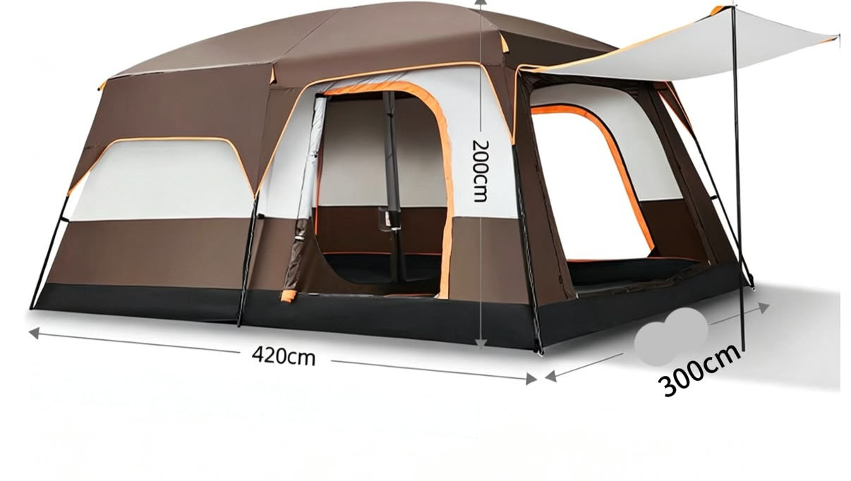 Brown Camping tent in a white background with dimensions