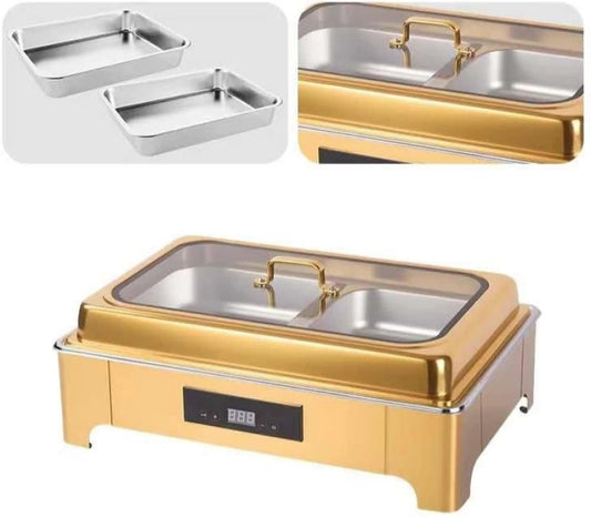 Gold and stainless steel chafing dish with digital display on a white background