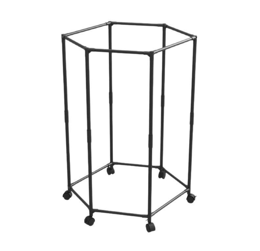 Black metal hexagonal stand with wheels on a white background