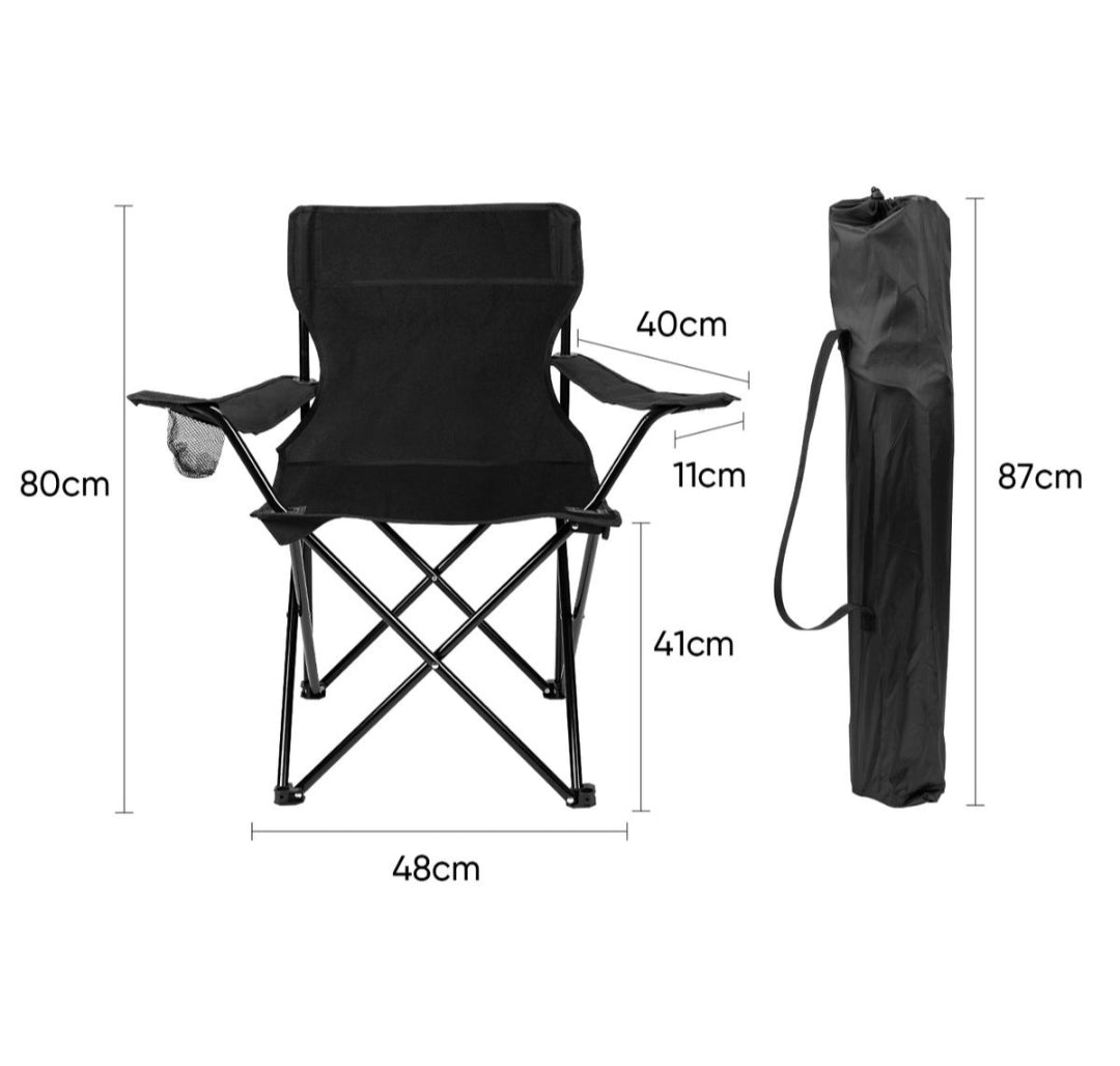 Black folding chair with dimensions on a white background