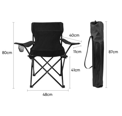 Black folding chair with dimensions on a white background