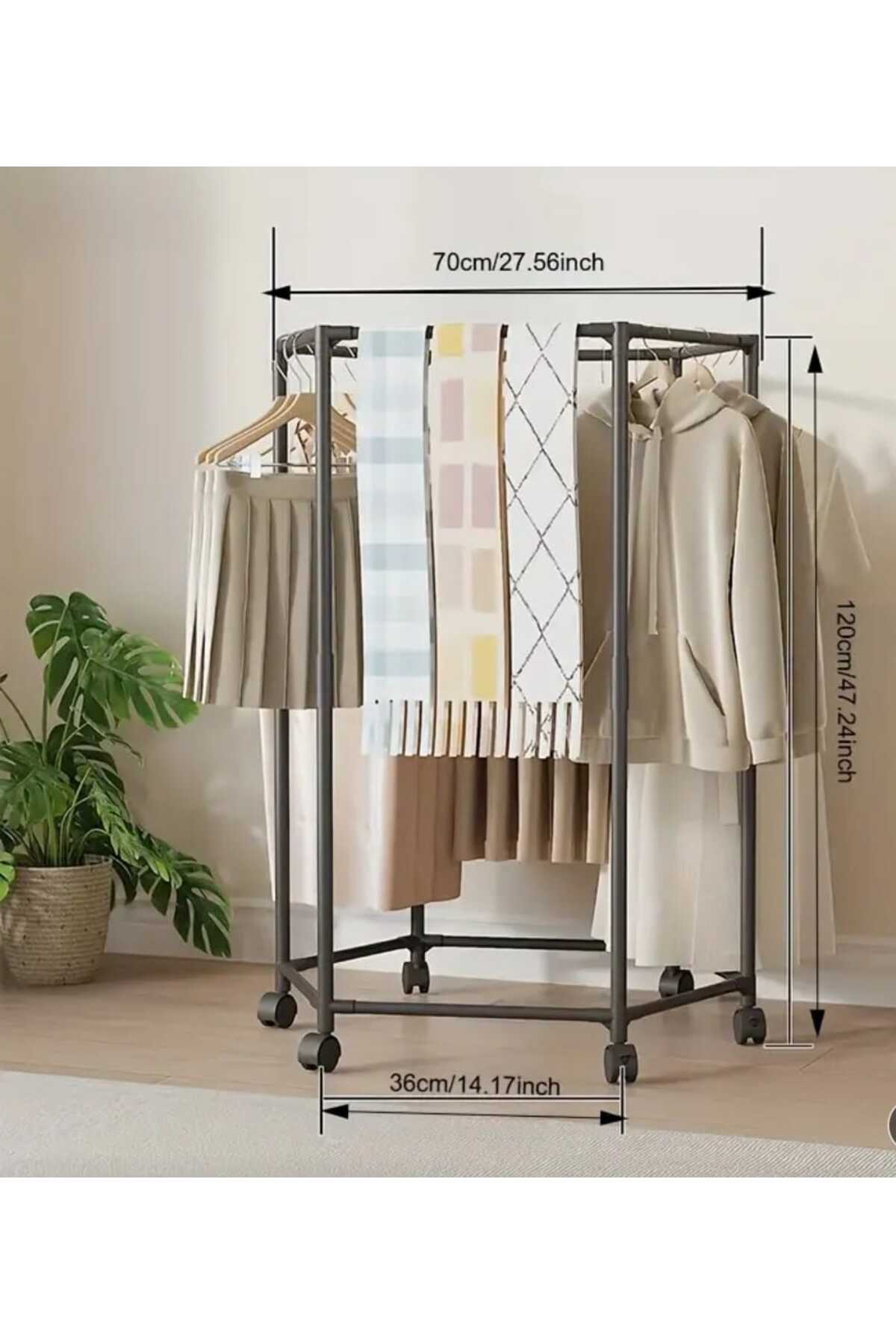 Clothing rack with clothes and measurements on a neutral background