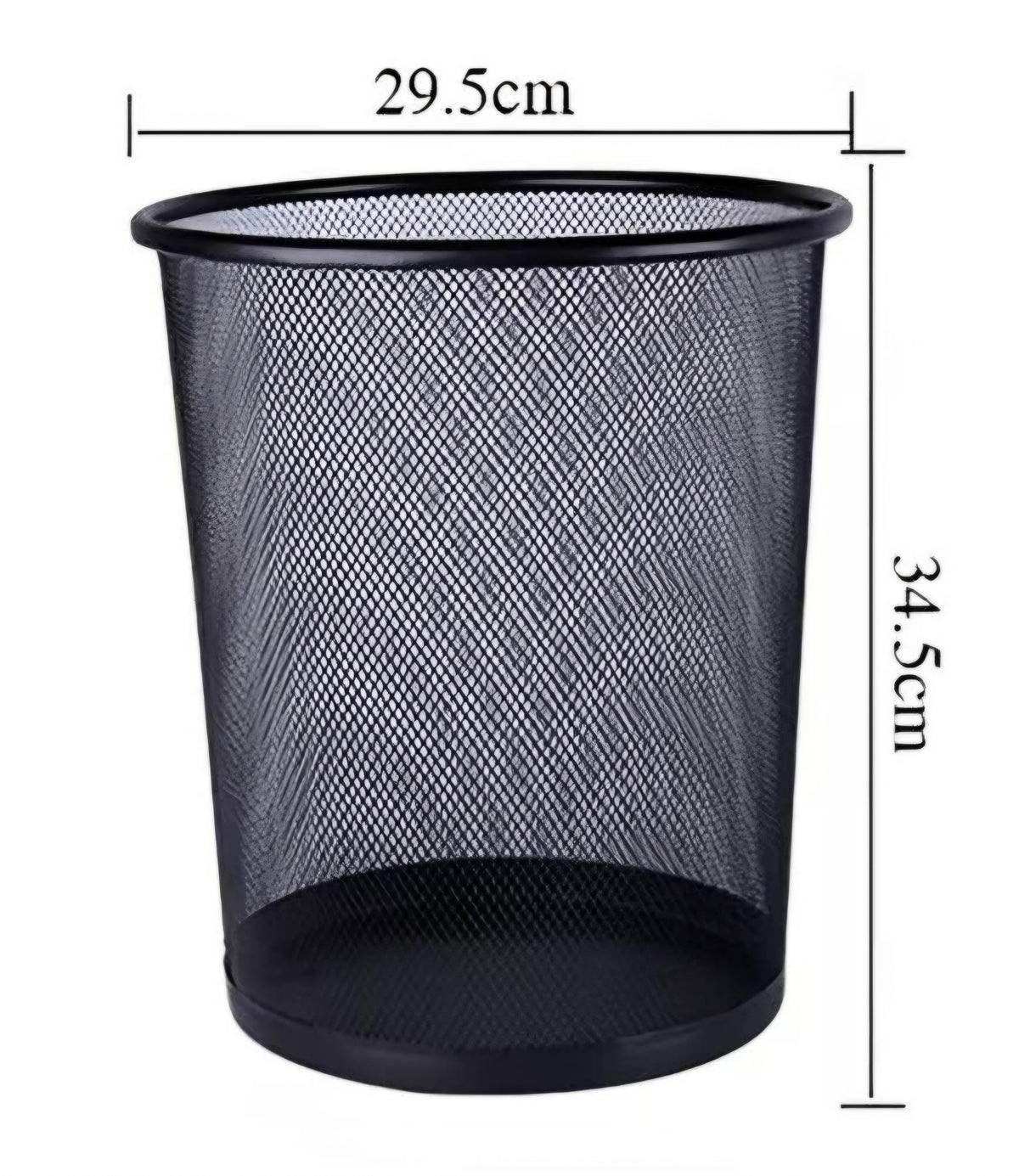 Black metal mesh wastebasket with dimension lines showing a height of 34.5cm and a top diameter of 29.