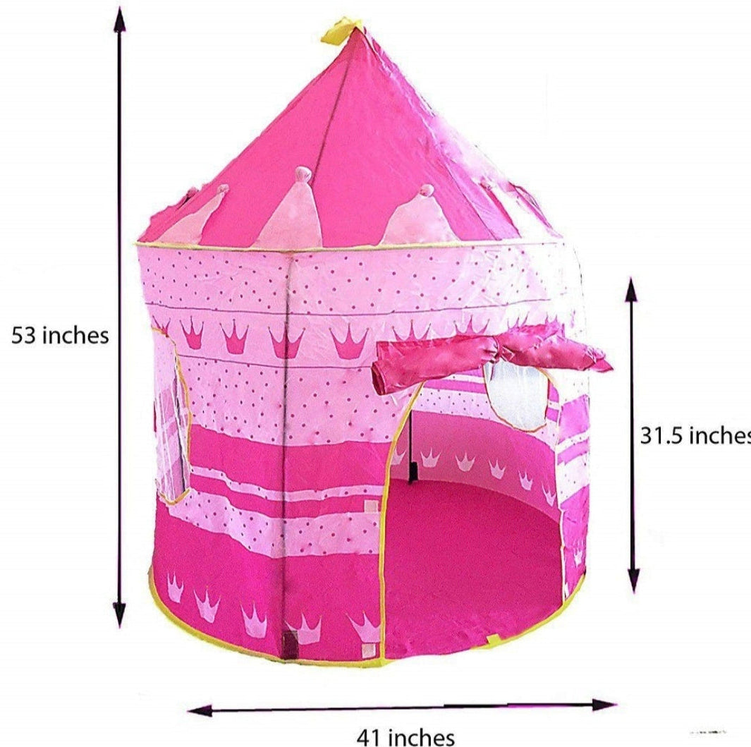 Pink children's play tent with princess design, shown with dimensions on a white background.