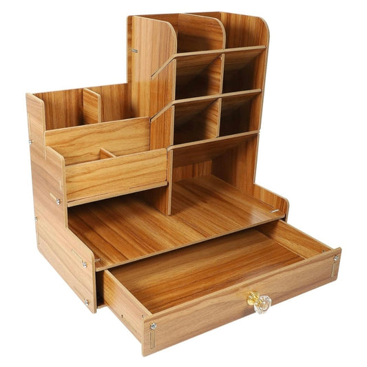 Wooden desk organizer with multiple compartments and a drawer on a white background