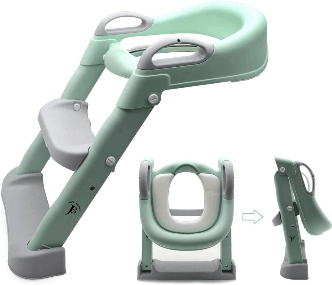 Green and gray toilet seat and step stool set on a white background