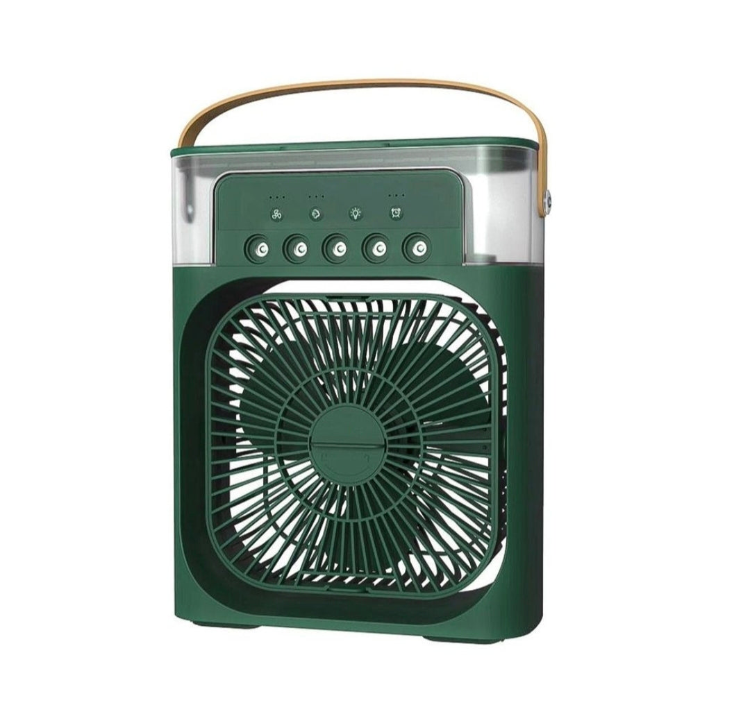 Green portable fan with a handle on a white background