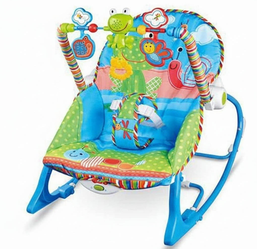 Colorful baby bouncer with animal patterns on a white background