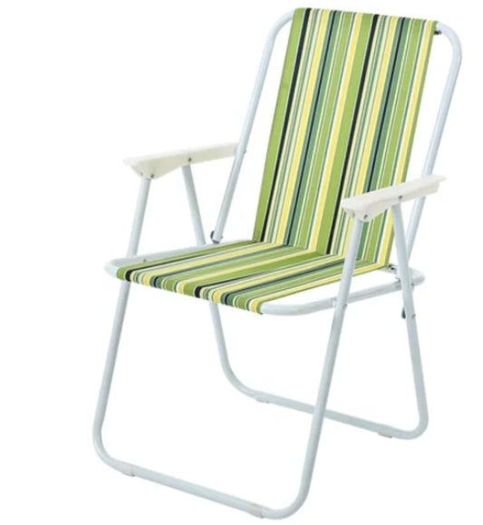 Foldable chair with green and yellow striped seat on a white background