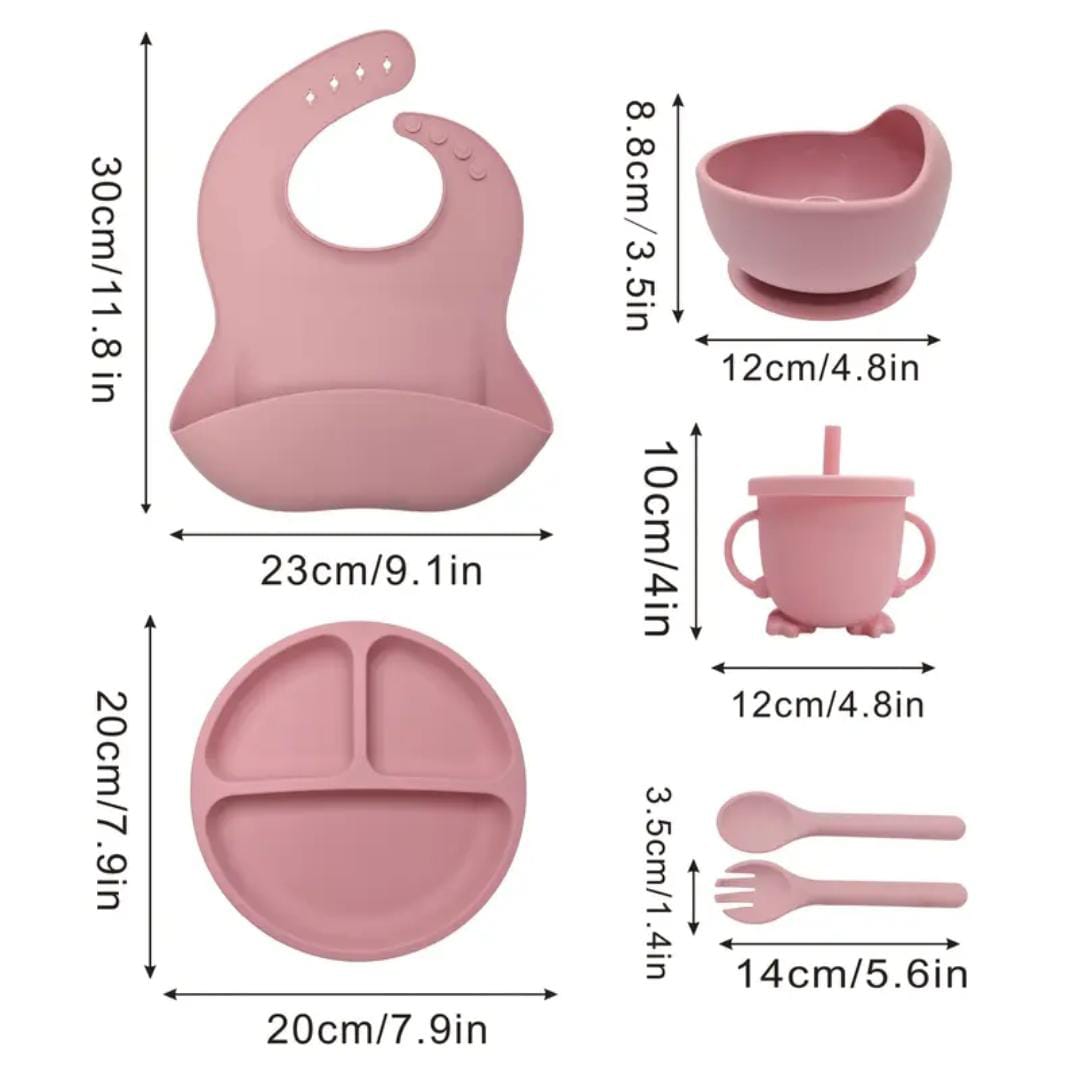 6 Piece Silicone Baby Feeding Set - Suction Bowl, Plate & Utensils