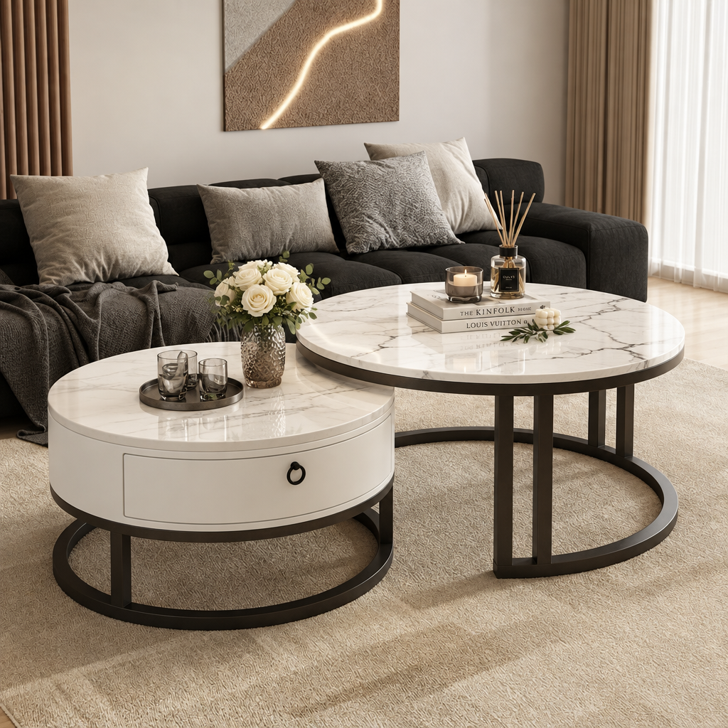 Modern living room with black sofa, round coffee tables, and decorative items.