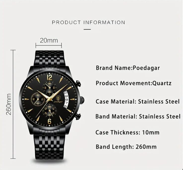Poedagar Men's Luxury Watch – Stainless Steel Quartz Timepiece