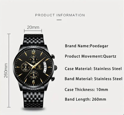 Poedagar Men's Luxury Watch – Stainless Steel Quartz Timepiece