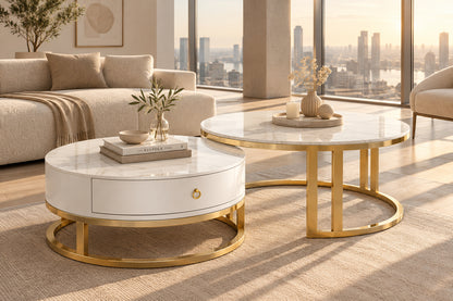 Modern Marble-Look Round Nesting Coffee Table Set with Storage Drawer