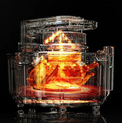 Glass enclosure with a glowing interior on a black background