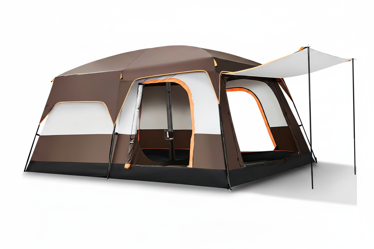 A large brown, white, and black camping tent with an attached white awning, shown on a clean white background.
