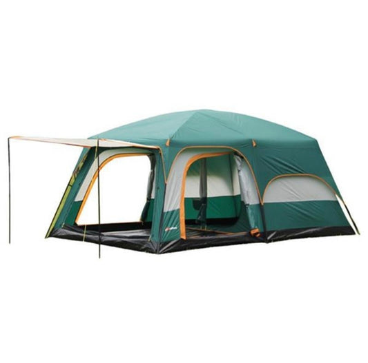 A large green and white camping tent with an attached side awning, shown on a plain white background.