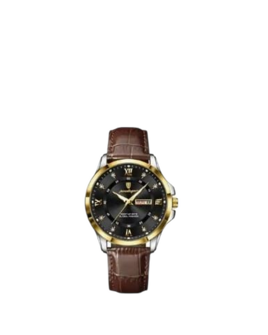 Wristwatch with brown leather strap and gold case on a white background