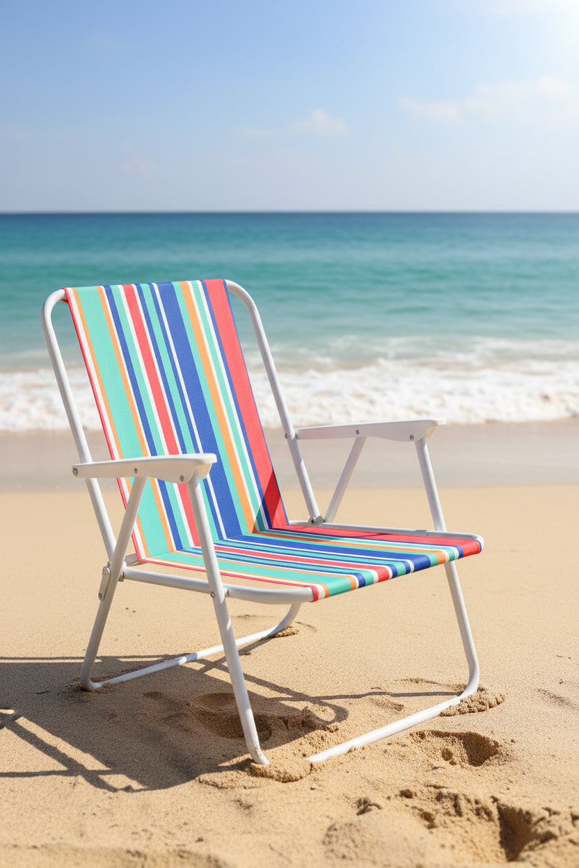 Colorful striped lounge chair on a patterned rug