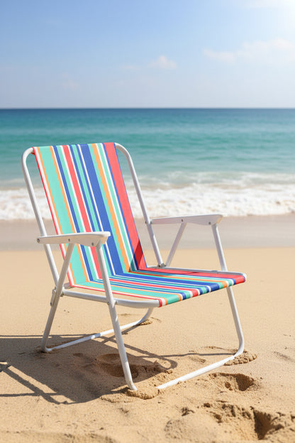 Colorful striped lounge chair on a patterned rug