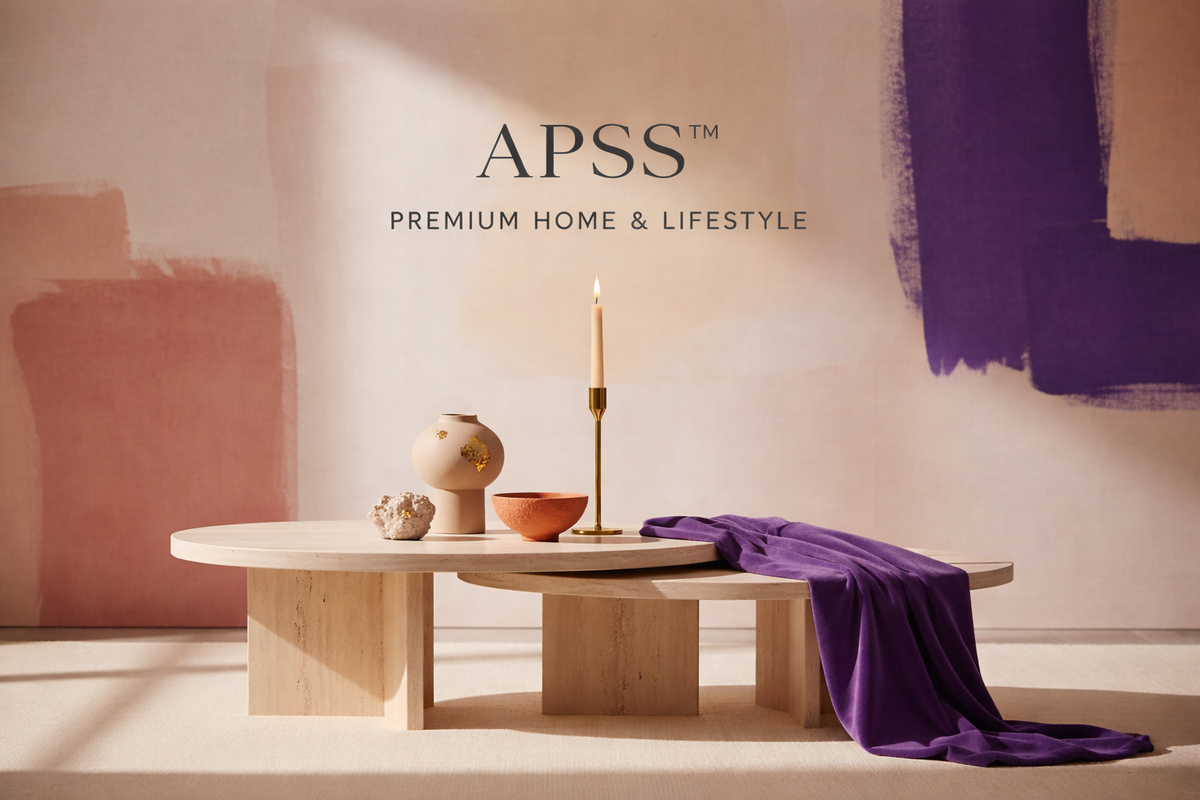 Table with decorative items against a neutral wall with APSS branding