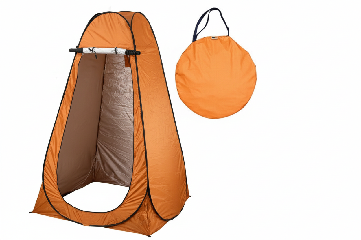 Orange pop-up tent with carrying bag on a white background