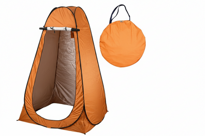 Orange pop-up tent with carrying bag on a white background