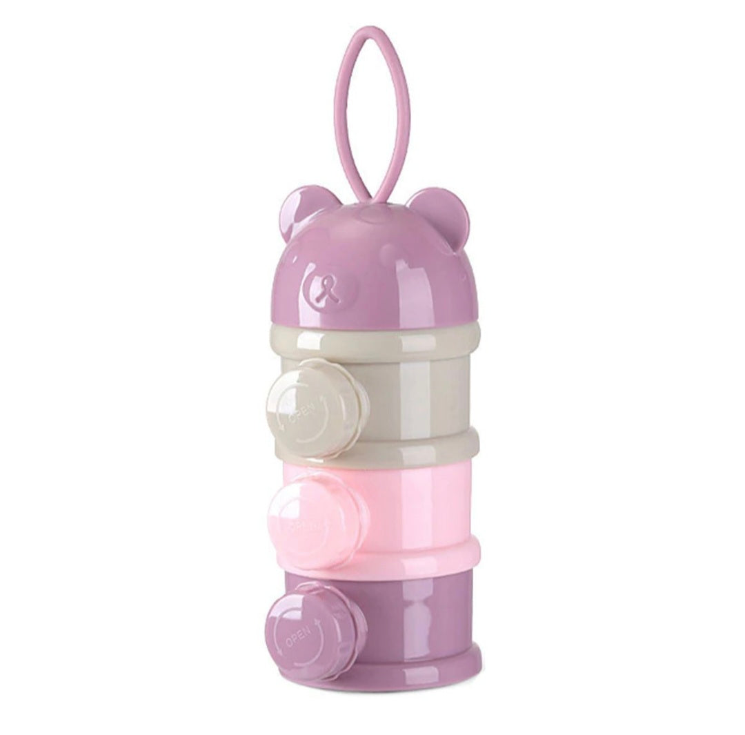Pink and purple baby bottle organizer with bear ears on a white background
